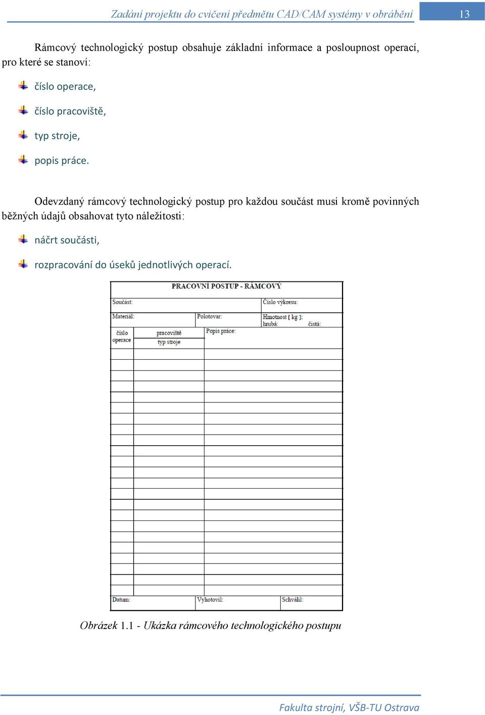 Odevzdaný rámcový technologický postup pro každou součást musí kromě povinných běžných údajů obsahovat tyto