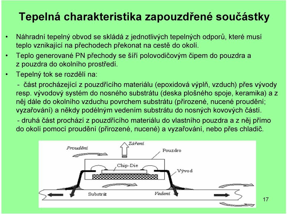 Tepelný tok se rozdělí na: - část procházející z pouzdřícího materiálu (epoxidová výplň, vzduch) přes vývody resp.