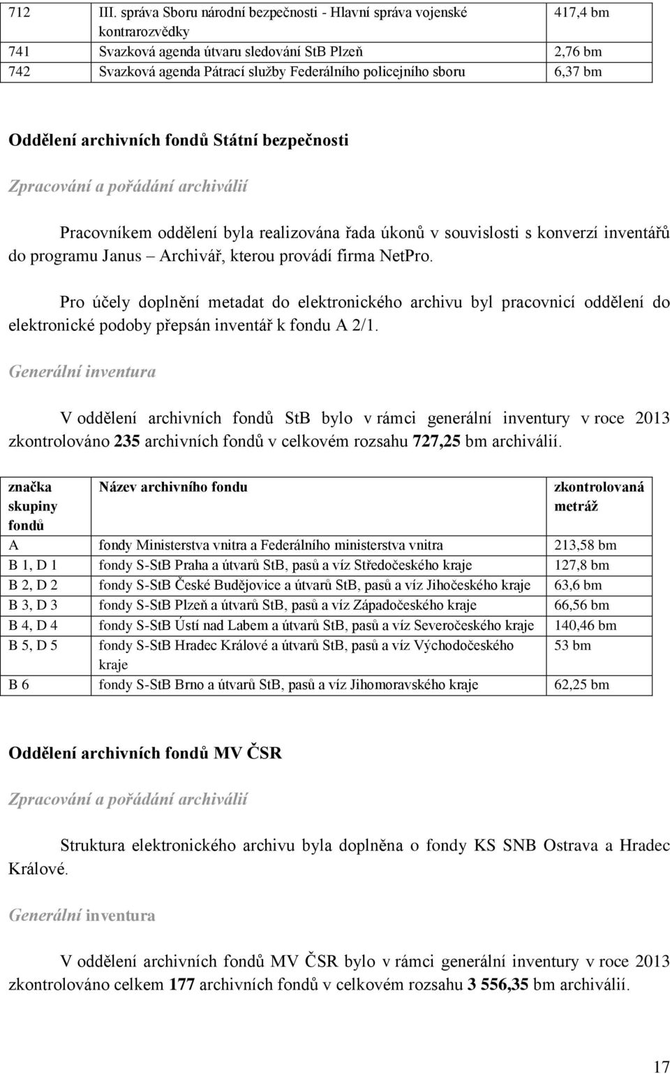 sboru 6,37 bm Oddělení archivních fondů Státní bezpečnosti Zpracování a pořádání archiválií Pracovníkem oddělení byla realizována řada úkonů v souvislosti s konverzí inventářů do programu Janus