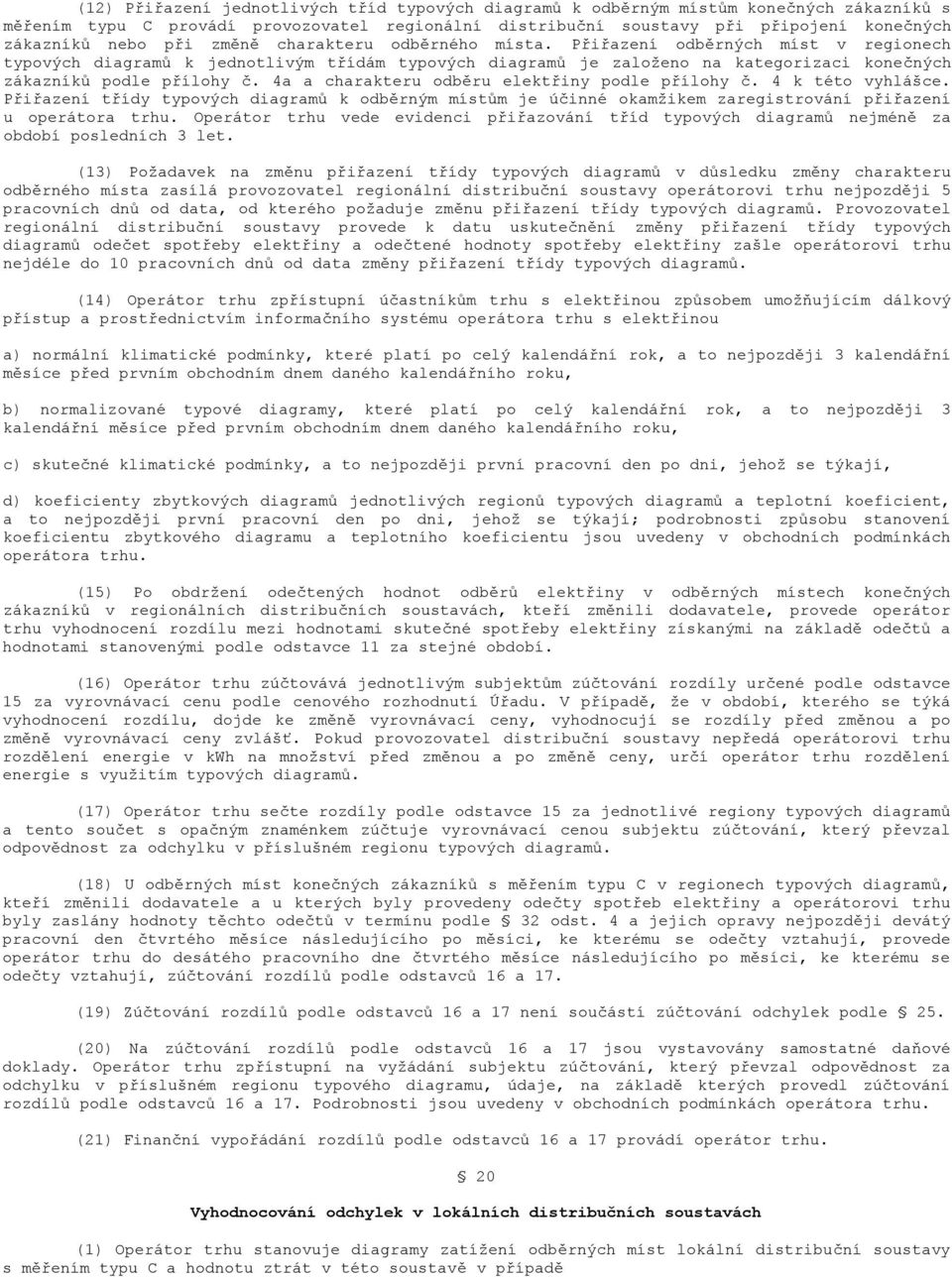 4a a charakteru odběru elektřiny podle přílohy č. 4 k této vyhlášce. Přiřazení třídy typových diagramů k odběrným místům je účinné okamžikem zaregistrování přiřazení u operátora trhu.