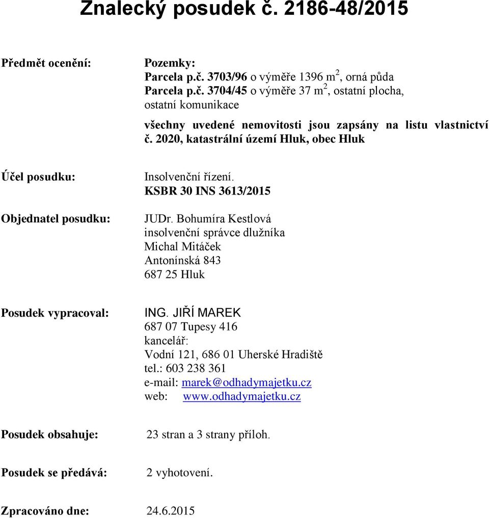 Bohumíra Kestlová insolvenční správce dlužníka Michal Mitáček Antonínská 843 687 25 Hluk Posudek vypracoval: ING.