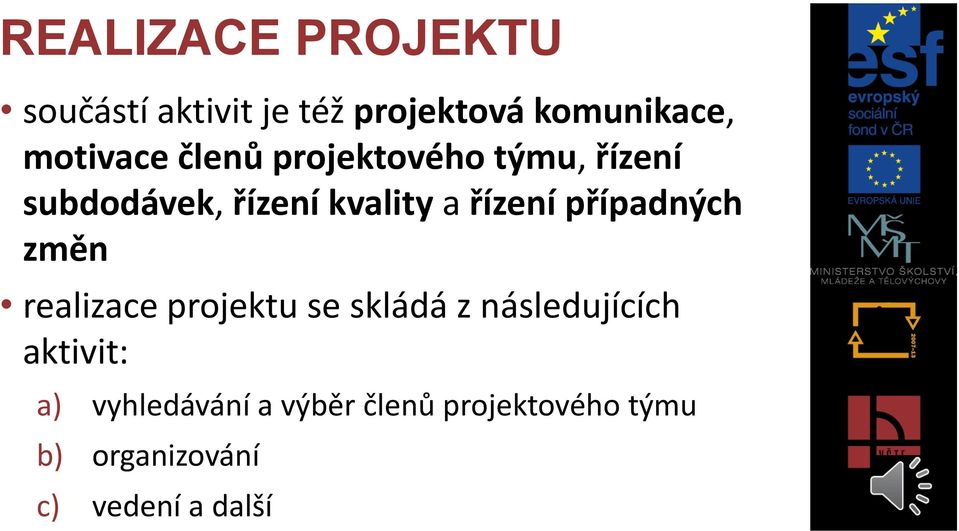 řízení případných změn realizace projektu se skládá z následujících