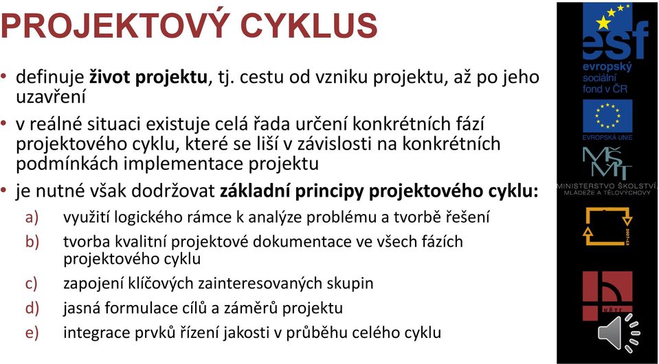 závislosti na konkrétních podmínkách implementace projektu je nutné však dodržovat základní principy projektového cyklu: a) využití logického rámce