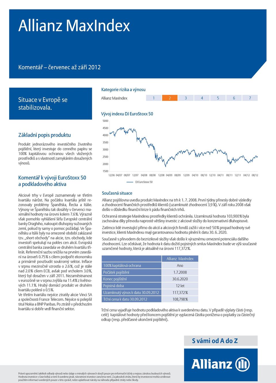 dosažených výnosů. EuroStoxx 50 a podkladového aktiva Akciové trhy v Evropě zaznamenaly ve třetím kvartálu nárůst. Na počátku kvartálu ještě rezonovaly problémy Španělska, Řecka a Itálie.