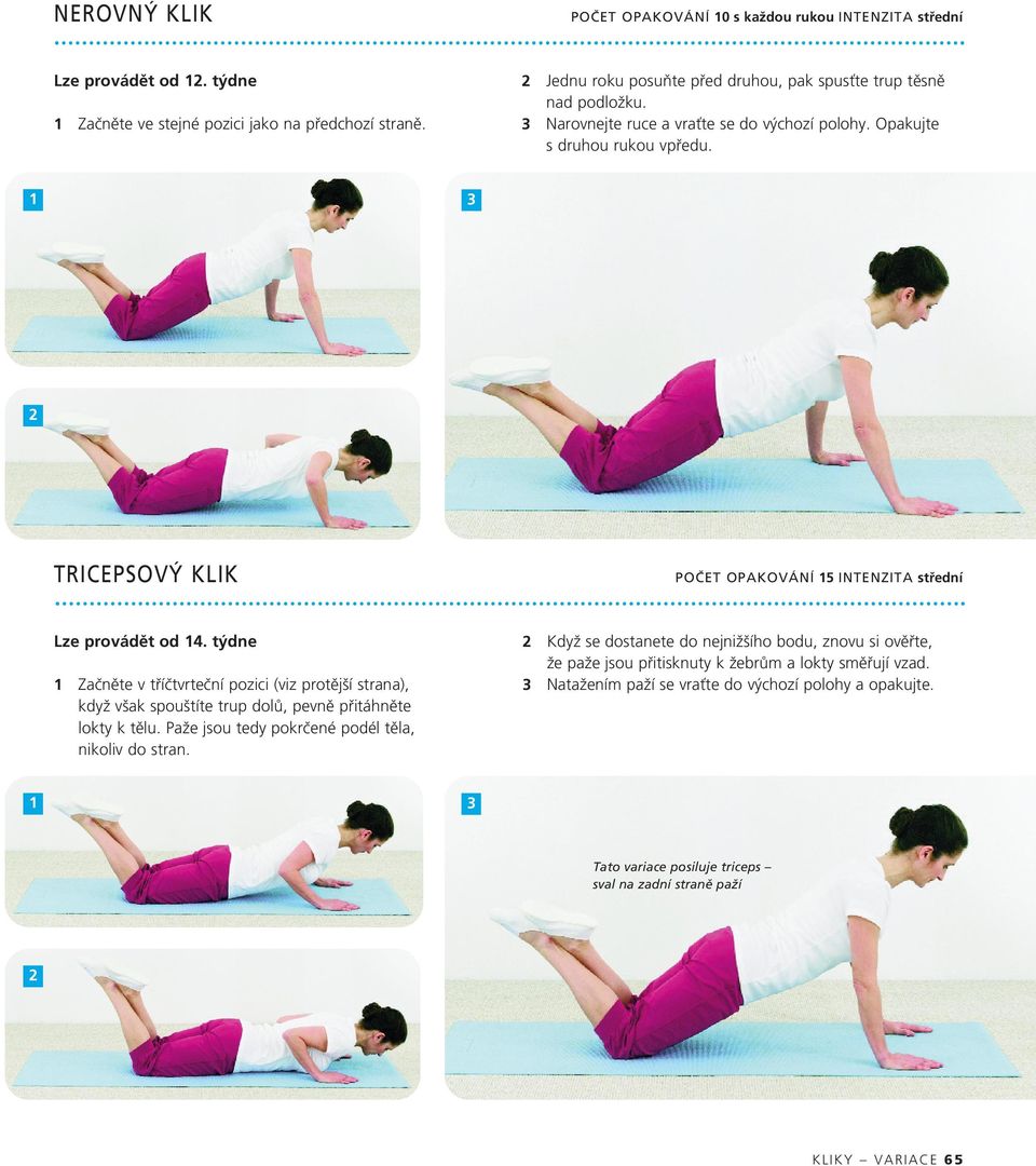 3 TRICEPSOVÝ KLIK POČET OPAKOVÁNÍ 5 INTENZITA střední Lze provádět od 4. týdne Začněte v tříčtvrteční pozici (viz protější strana), když však spouštíte trup dolů, pevně přitáhněte lokty k tělu.