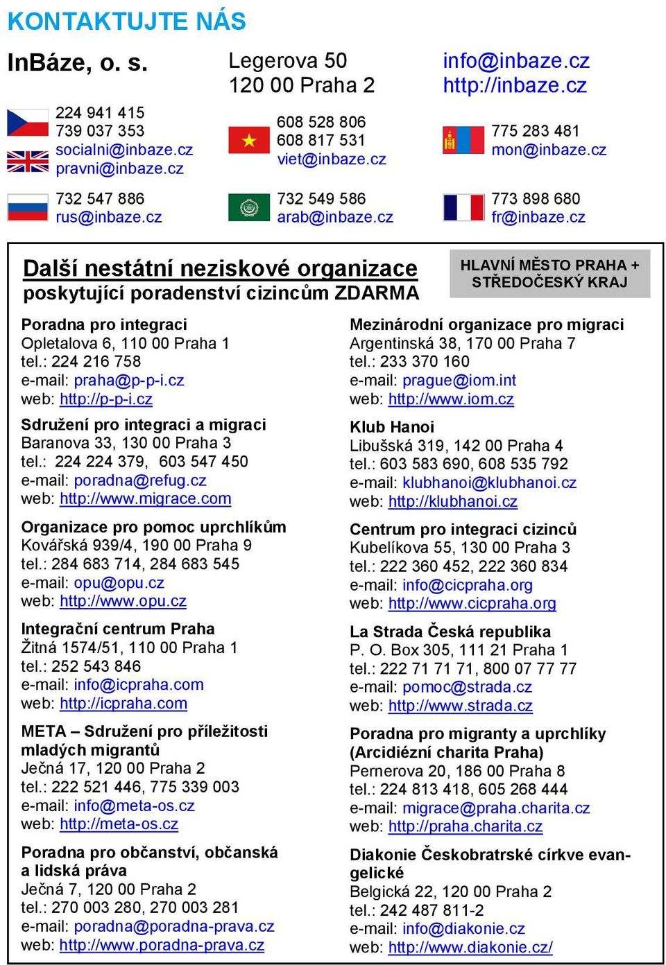 cz HLAVÍ MĚSTO PRAHA + STŘEDOČESKÝ KRAJ Poradna pro integraci Opletalova 6, 110 00 Praha 1 tel.: 224 216 758 e-mail: praha@p-p-i.cz web: http://p-p-i.