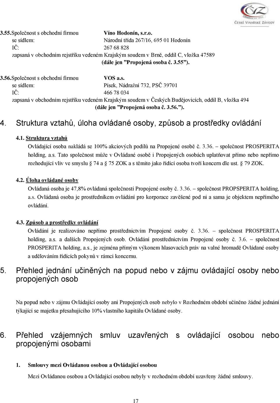 3.56. ). 4. Struktura vztahů, úloha ovládané osoby, způsob a prostředky ovládání 4.1. Struktura vztahů Ovládající osoba nakládá se 100% akciových podílů na Propojené osobě č. 3.36.