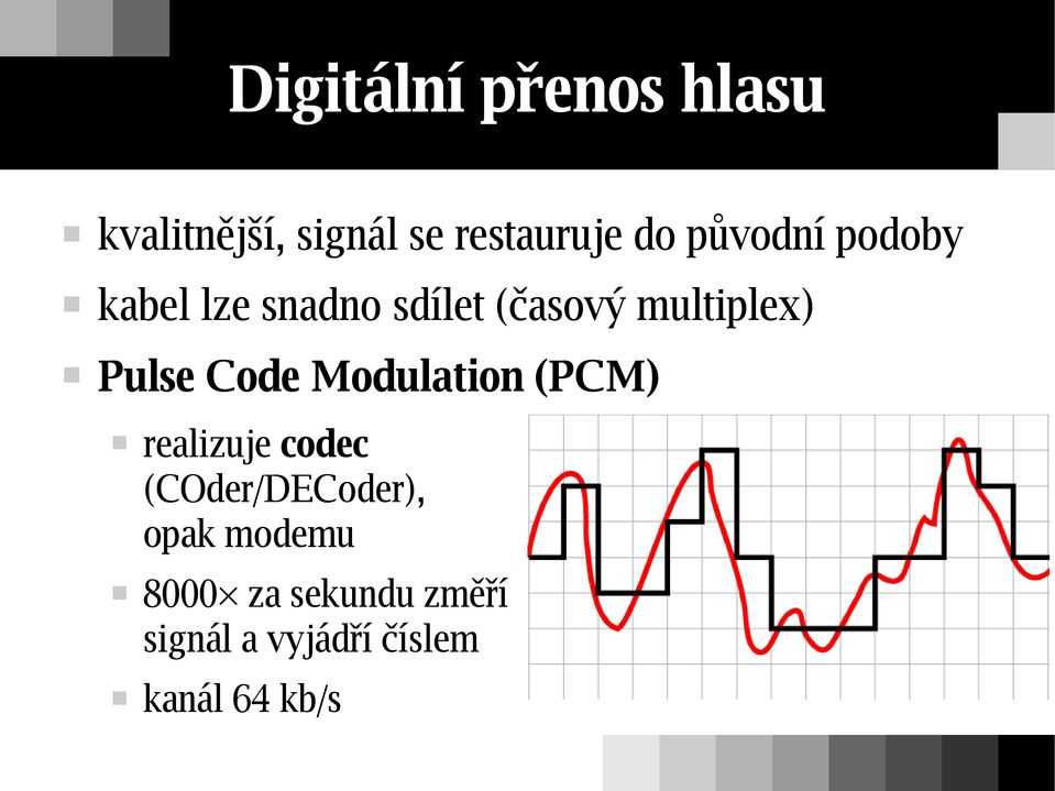 Pulse Code Modulation (PCM) realizuje codec (COder/DECoder),