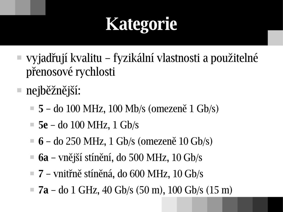 Gb/s 6 do 250 MHz, 1 Gb/s (omezeně 10 Gb/s) 6a vnější stínění, do 500 MHz, 10