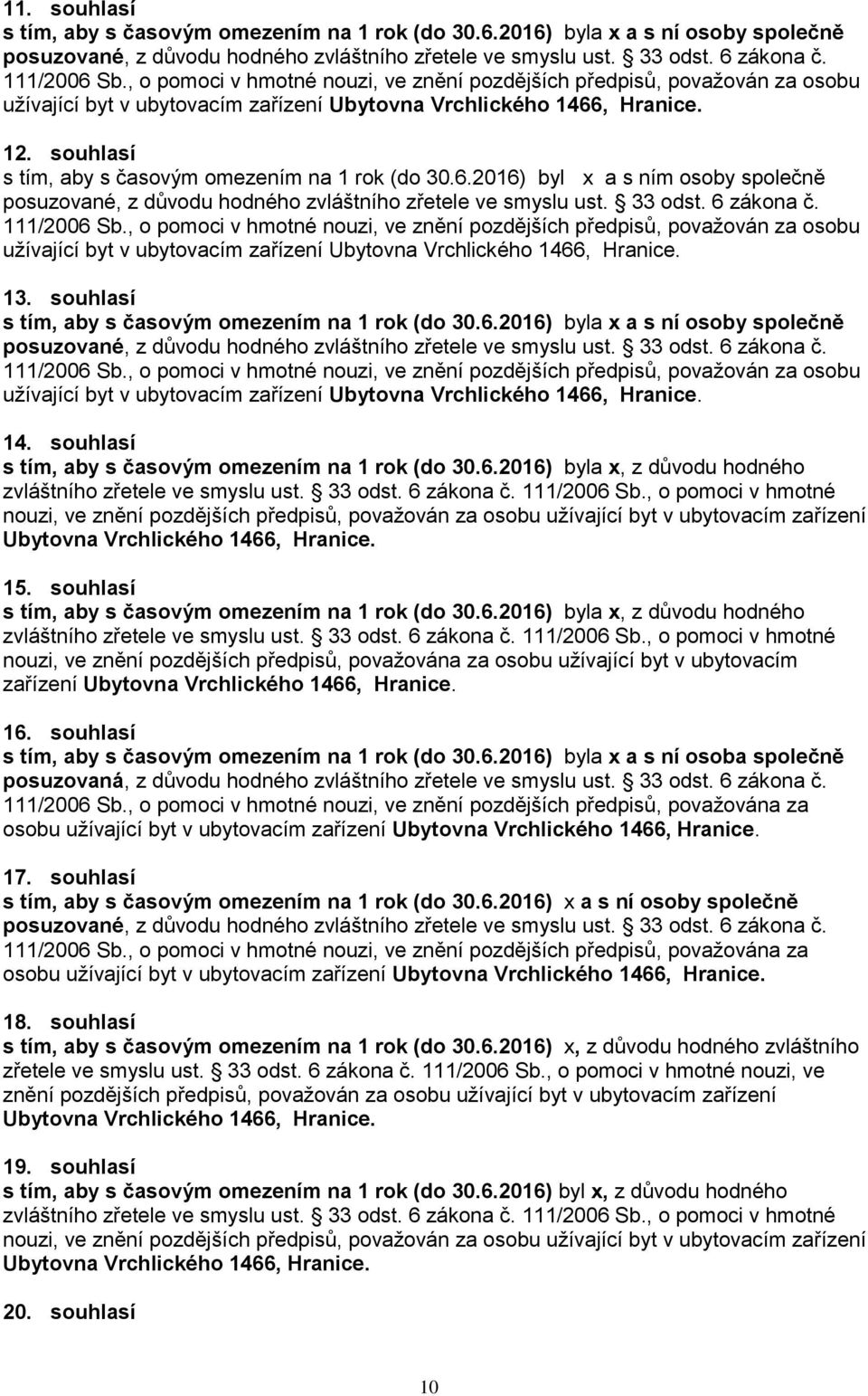 souhlasí s tím, aby s časovým omezením na 1 rok (do 30.6.2016) byl x a s ním osoby společně posuzované, z důvodu hodného zvláštního zřetele ve smyslu ust. 33 odst. 6 zákona č. 111/2006 Sb.