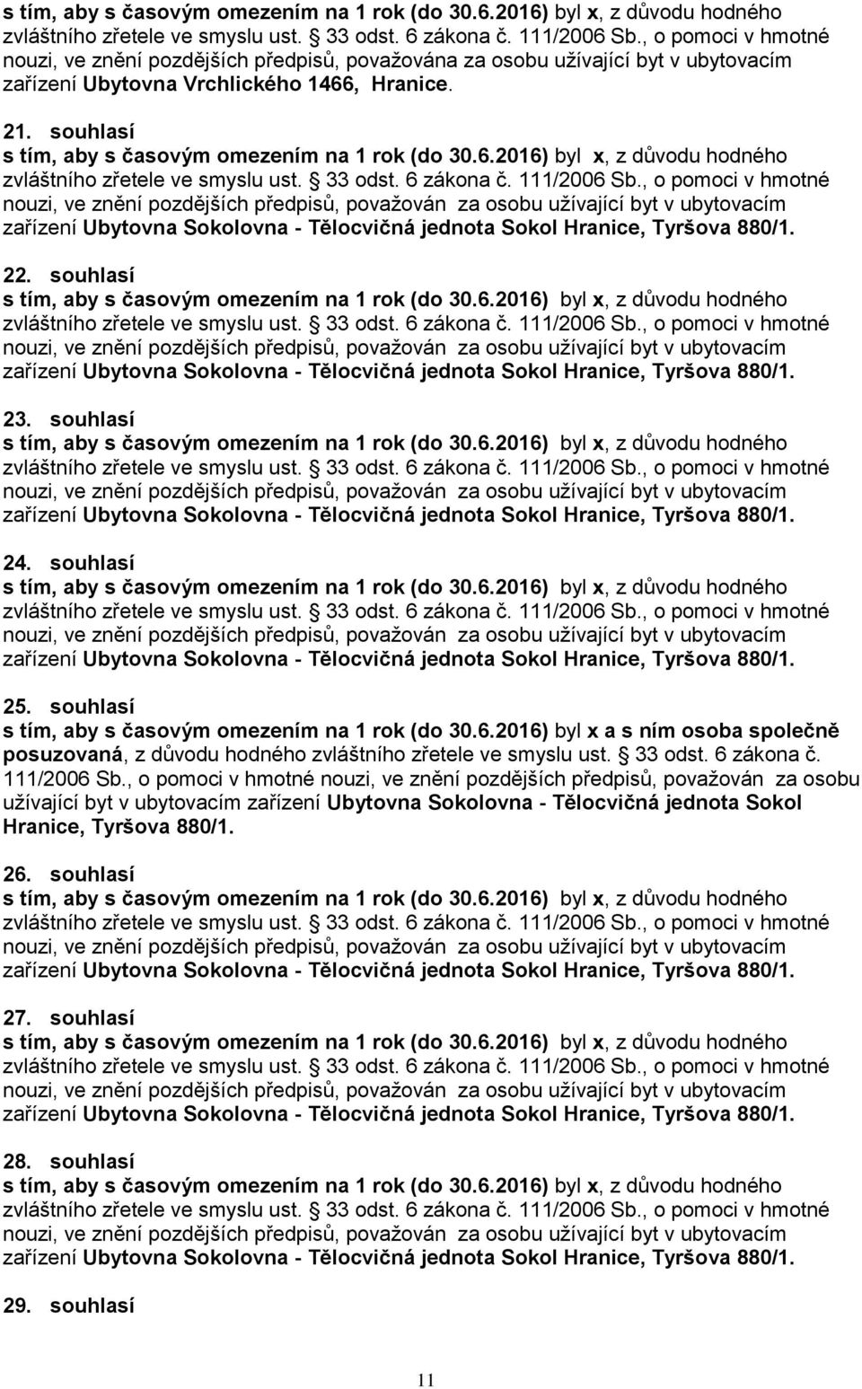 souhlasí zařízení Ubytovna Sokolovna - Tělocvičná jednota Sokol Hranice, Tyršova 880/1. 24. souhlasí zařízení Ubytovna Sokolovna - Tělocvičná jednota Sokol Hranice, Tyršova 880/1. 25.