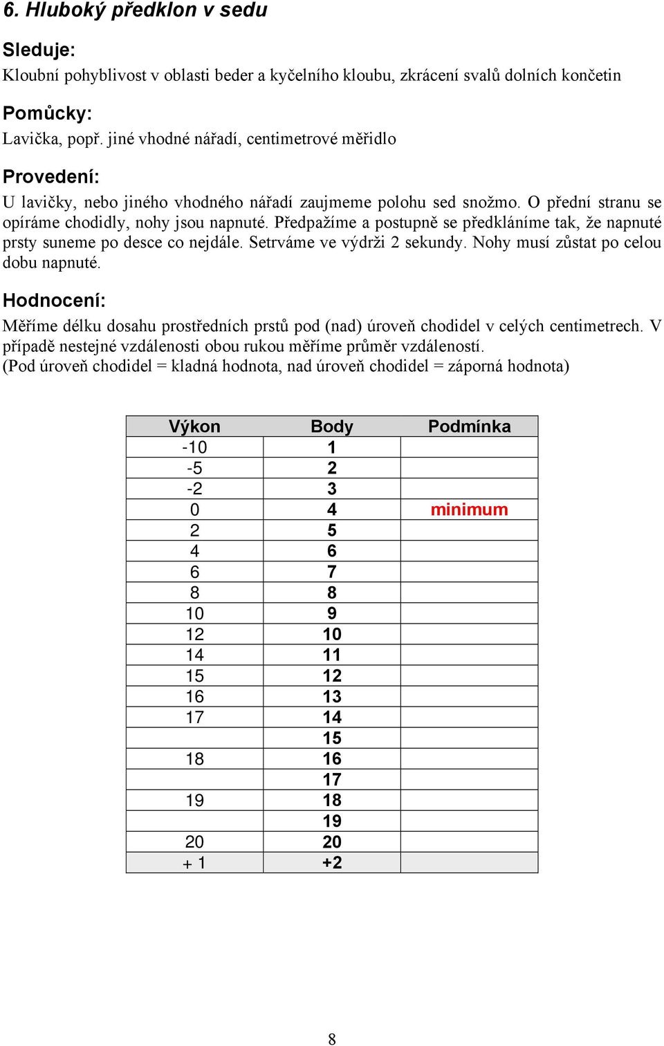 Předpažíme a postupně se předkláníme tak, že napnuté prsty suneme po desce co nejdále. Setrváme ve výdrži 2 sekundy. Nohy musí zůstat po celou dobu napnuté.