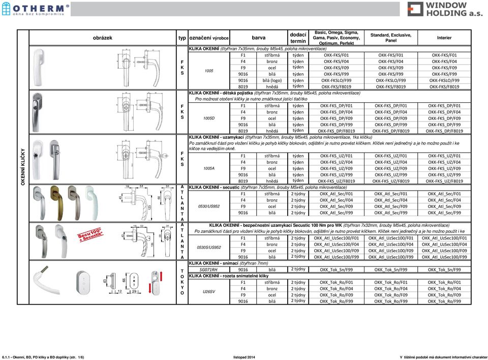 mikroventilace) Pro možnost otočení kličky je nutno zmáčknout jistící tlačítko 1 stříbrná týden O_DP/01 O_DP/01 O_DP/01 4 bronz týden O_DP/04 O_DP/04 O_DP/04 1005D 9 ocel týden O_DP/09 O_DP/09