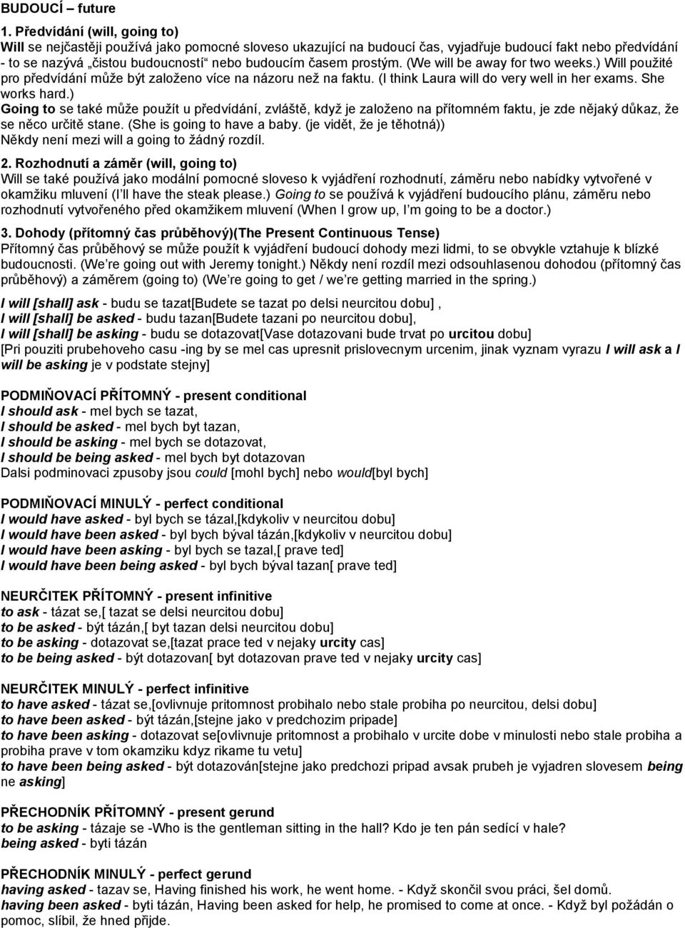 prostým. (We will be away for two weeks.) Will použité pro předvídání může být založeno více na názoru než na faktu. (I think Laura will do very well in her exams. She works hard.