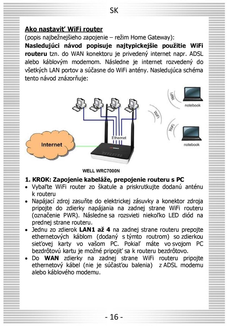 KROK: Zapojenie kabeláže, prepojenie routeru s PC Vybaľte WiFi router zo škatule a priskrutkujte dodanú anténu k routeru Napájací zdroj zasuňte do elektrickej zásuvky a konektor zdroja pripojte do