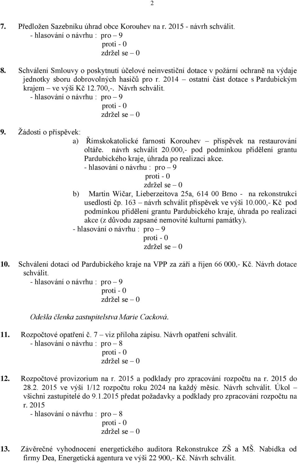 Návrh schválit. 9. Žádosti o příspěvek: a) Římskokatolické farnosti Korouhev příspěvek na restaurování oltáře. návrh schválit 20.