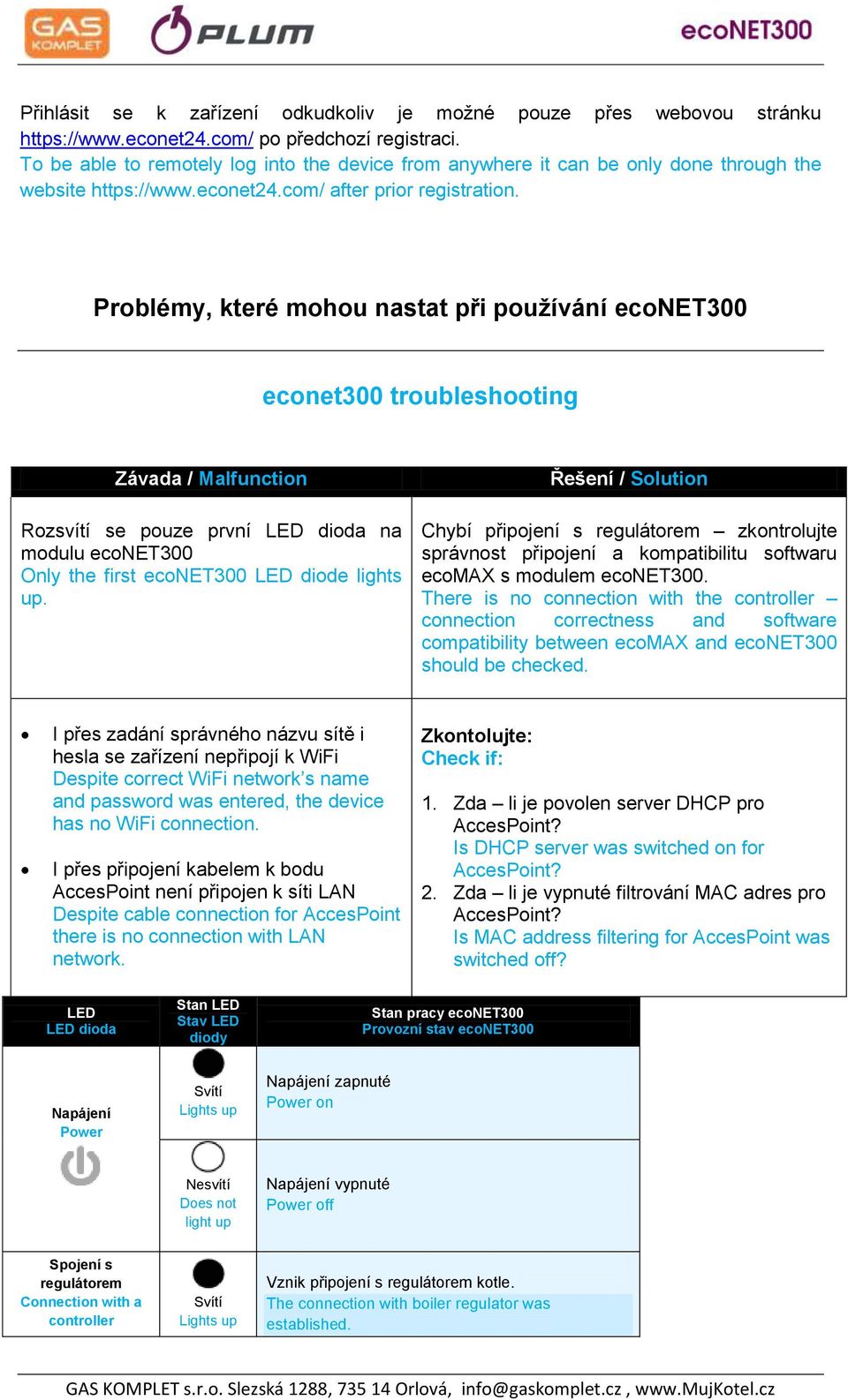 Problémy, které mohou nastat při používání econet300 econet300 troubleshooting Závada / Malfunction Rozsvítí se pouze první LED dioda na modulu econet300 Only the first econet300 LED diode lights up.