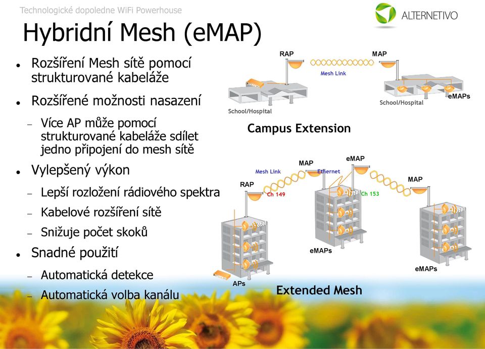 rozšíření sítě Snižuje počet skoků Snadné použití School/Hospital RAP Mesh Link RAP Mesh Link Campus Extension MAP
