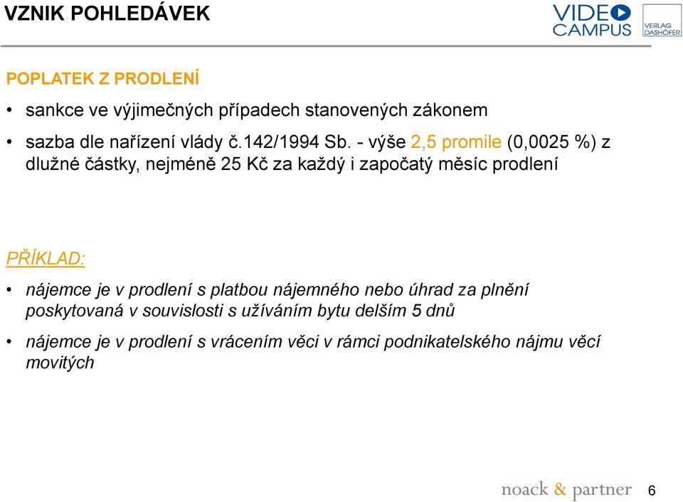 - výše 2,5 promile (0,0025 %) z dlužné částky, nejméně 25 Kč za každý i započatý měsíc prodlení PŘÍKLAD: