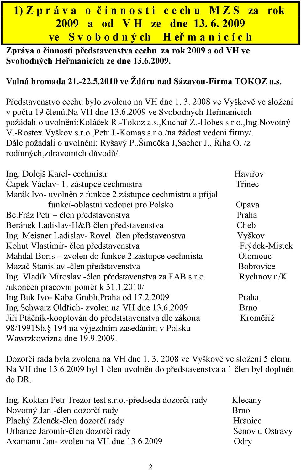 2010 ve Ždáru nad Sázavou-Firma TOKOZ a.s. Představenstvo cechu bylo zvoleno na VH dne 1. 3. 2008 ve Vyškově ve složení v počtu 19 členů.na VH dne 13.6.