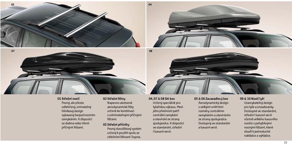 03 Střešní příčníky Pevný dvoulištový systém určený k použití spolu se střešními ližinami Toyota. 04, 07 & 08 Ski box Určený speciálně pro lyžařskou výbavu.