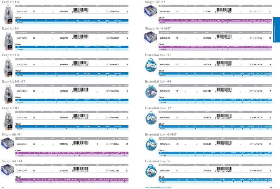 T10,5x43 Fuse 10A Fuse 15A Fuse 20A Fuse 30A Množství - - 1 1 1 - - 1-1 1 - - 1 1 1 55010SKKM 12 - - 30999030-8711500310163 10 Světla pro osobní vozy 12V Easy kit H7 Obsah Typ H1 H4 H7 R2 P21W P21/5W