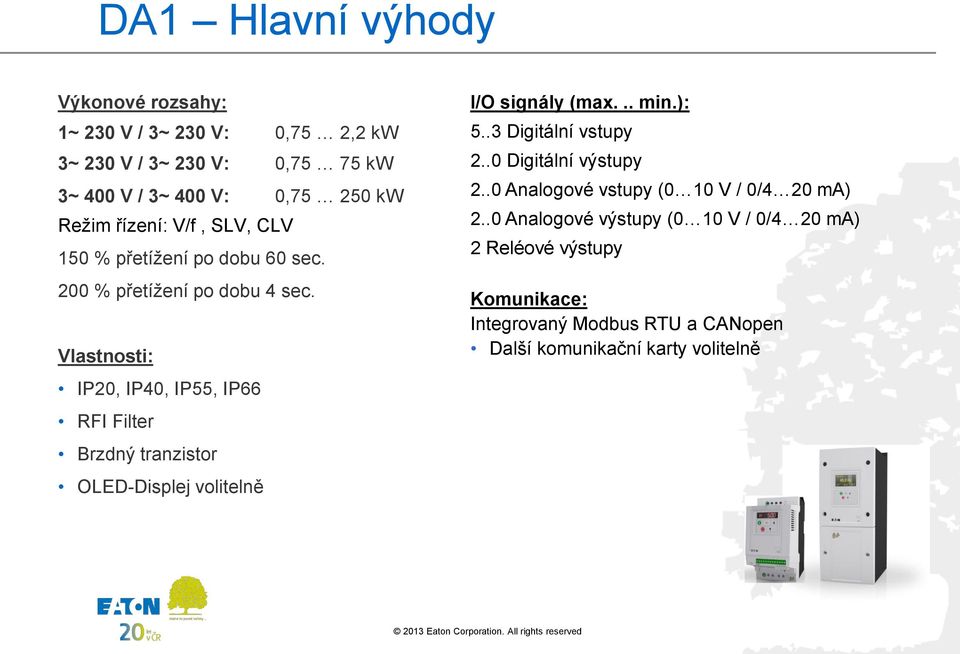 Vlastnosti: IP20, IP40, IP55, IP66 RFI Filter Brzdný tranzistor OLED-Displej volitelně I/O signály (max... min.): 5..3 Digitální vstupy 2.