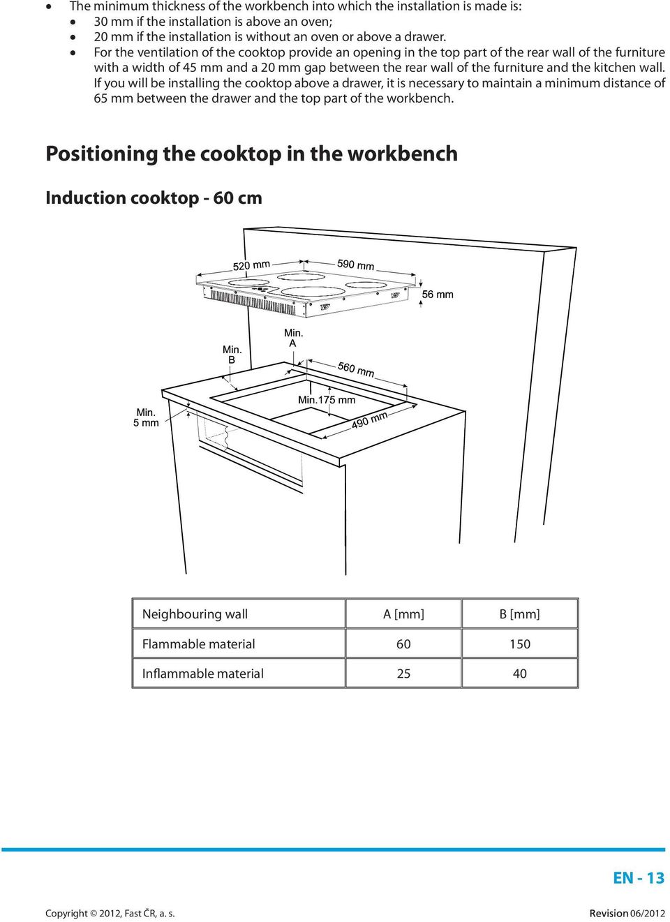 For the ventilation of the cooktop provide an opening in the top part of the rear wall of the furniture with a width of 45 mm and a 20 mm gap between the rear wall of the
