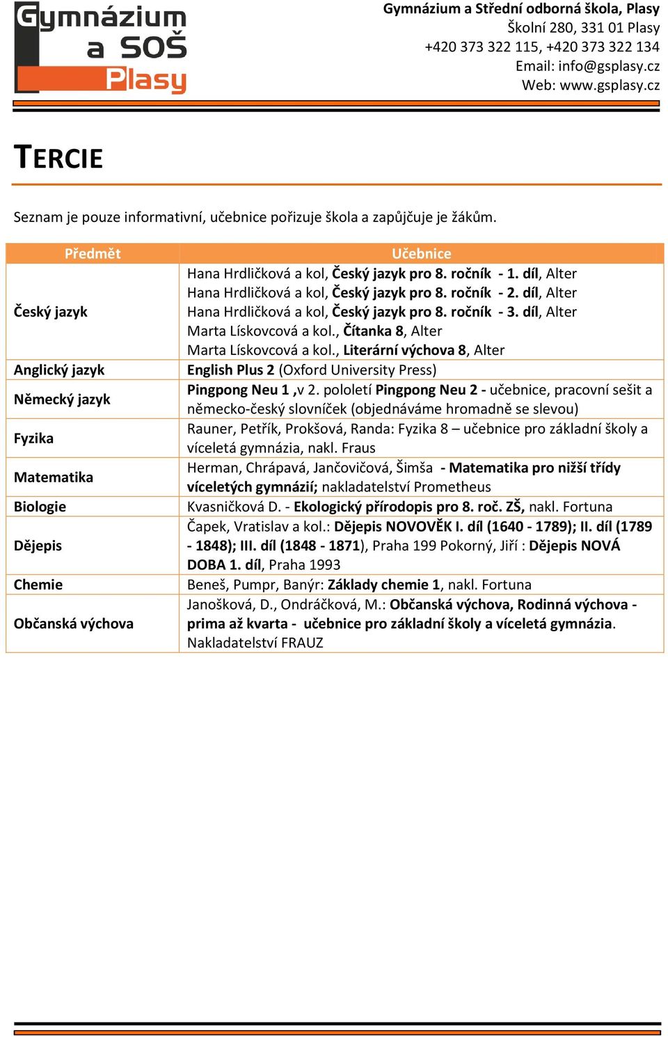 , Čítanka 8, Alter Marta Lískovcová a kol., Literární výchova 8, Alter English Plus 2 (Oxford University Press) Pingpong Neu 1,v 2.