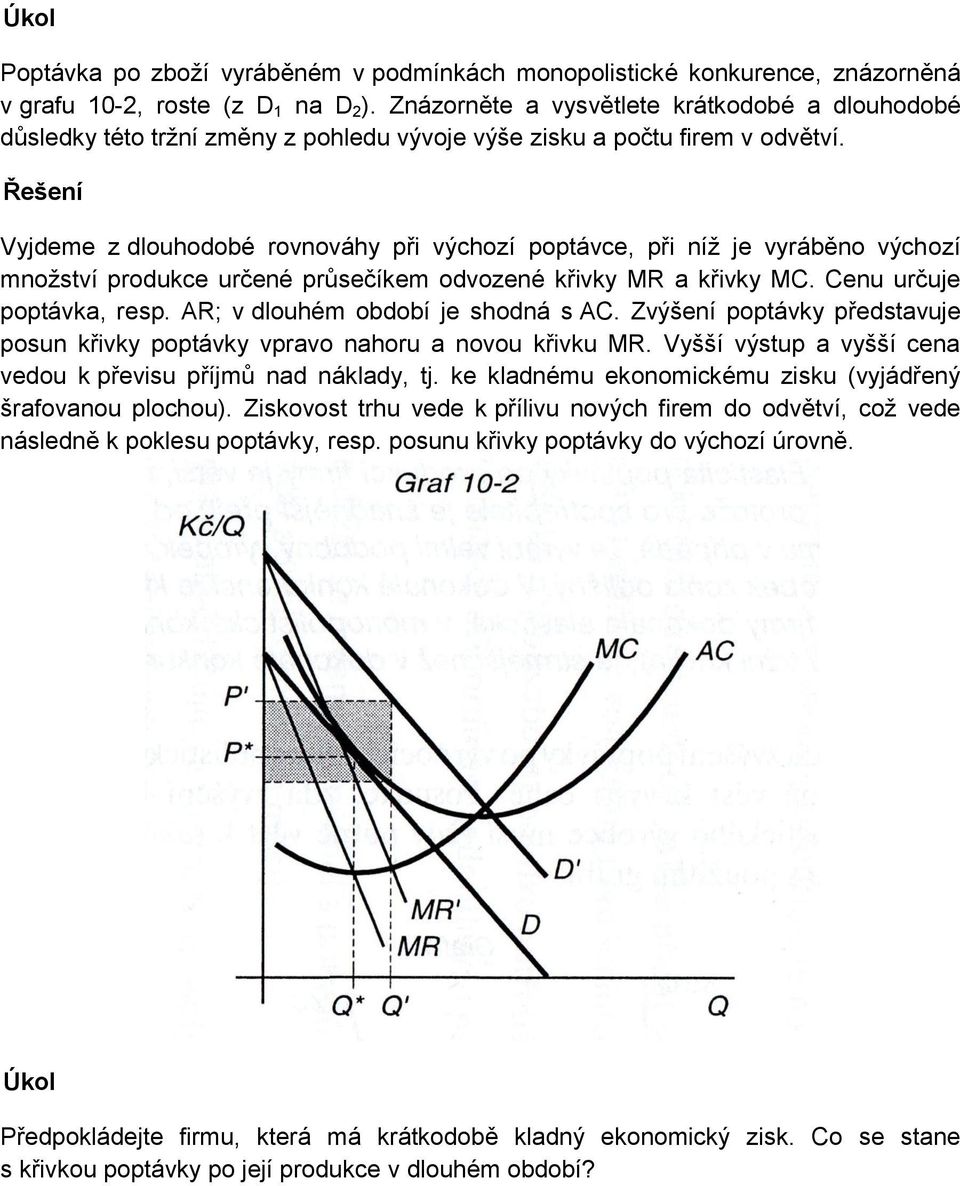 Vyjdeme z dlouhodobé rovnováhy při výchozí poptávce, při níž je vyráběno výchozí množství produkce určené průsečíkem odvozené křivky MR a křivky MC. Cenu určuje poptávka, resp.