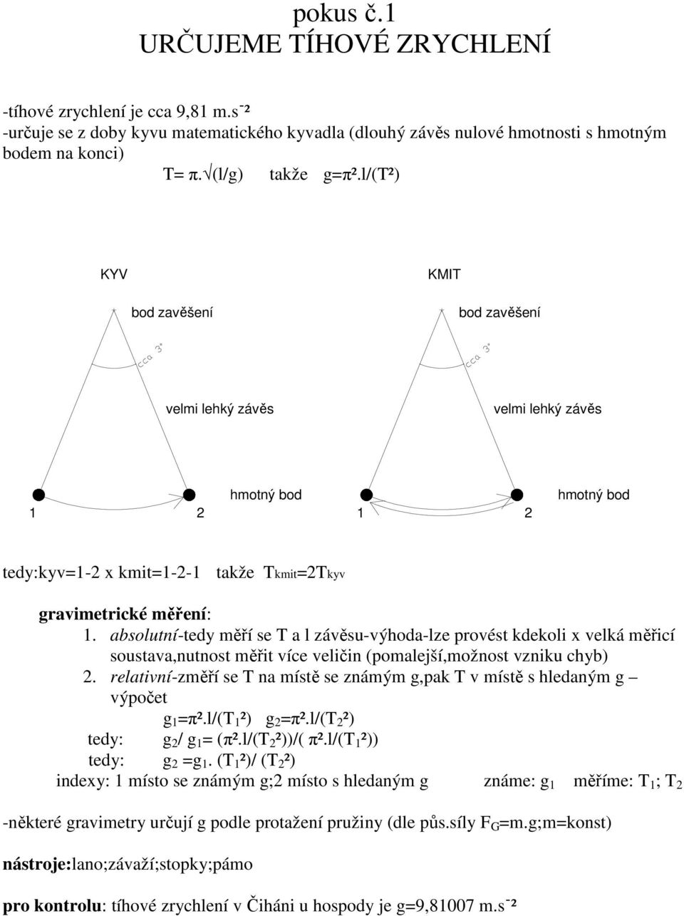 absolutní-tedy měří se T a l závěsu-výhoda-lze provést kdekoli x velká měřicí soustava,nutnost měřit více veličin (pomalejší,možnost vzniku chyb) 2.