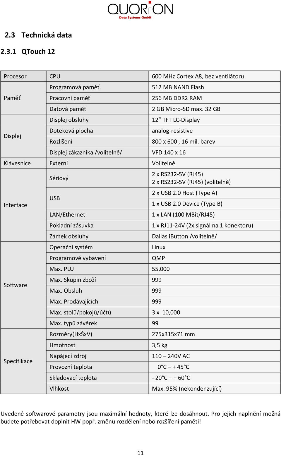 barev Displej zákazníka /volitelně/ VFD 40 x 6 Klávesnice Externí Volitelně Interface Software Specifikace Sériový USB LAN/Ethernet Pokladní zásuvka Zámek obsluhy Operační systém Programové vybavení