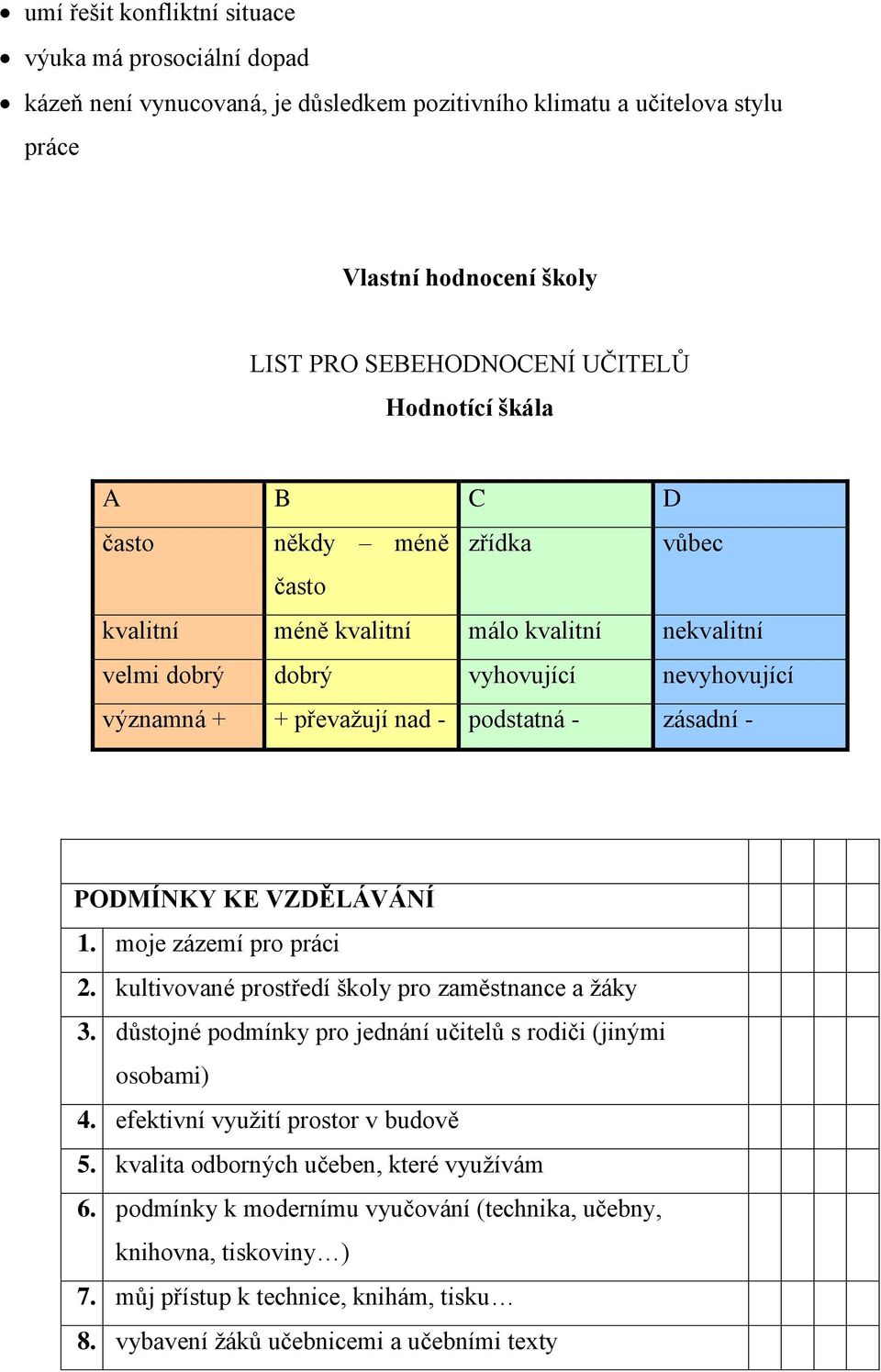 KE VZDĚLÁVÁNÍ 1. moje zázemí pro práci 2. kultivované prostředí školy pro zaměstnance a žáky 3. důstojné podmínky pro jednání učitelů s rodiči (jinými osobami) 4. efektivní využití prostor v budově 5.