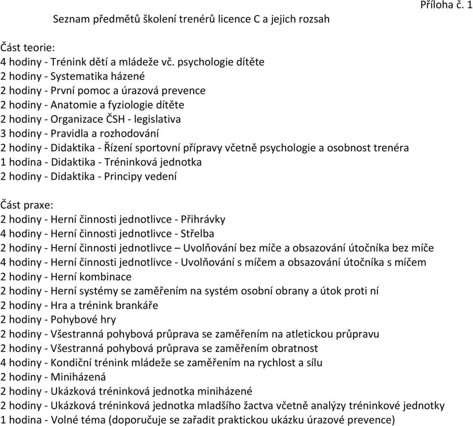 rozhodování 2 hodiny - Didaktika - Řízení sportovní přípravy včetně psychologie a osobnost trenéra 1 hodina - Didaktika - Tréninková jednotka 2 hodiny - Didaktika - Principy vedení Část praxe: 2