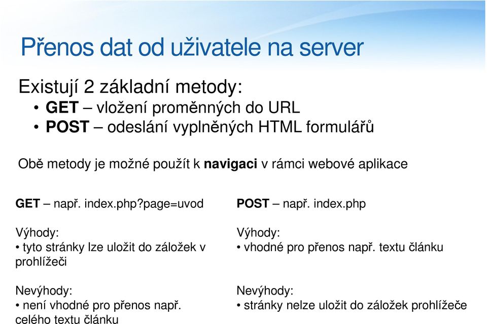 page=uvod Výhody: tyto stránky lze uložit do záložek v prohlížeči Nevýhody: není vhodné pro přenos např.