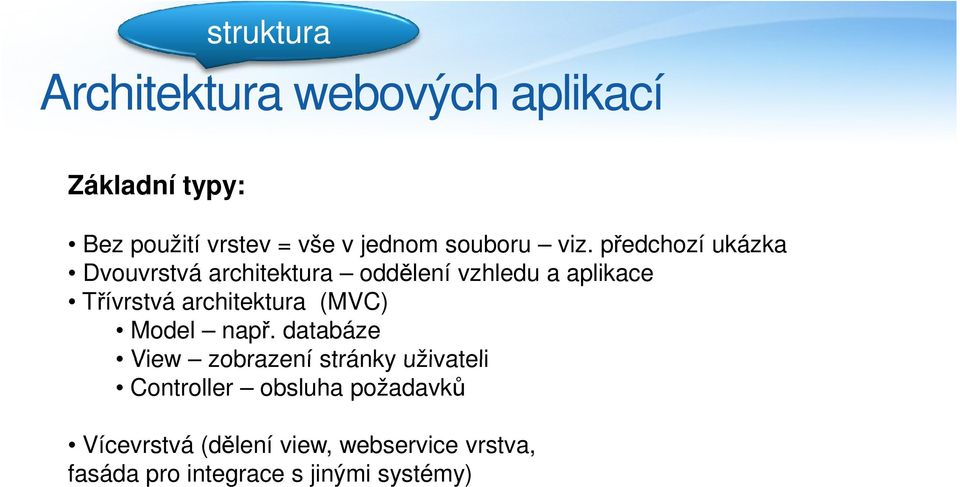předchozí ukázka Dvouvrstvá architektura oddělení vzhledu a aplikace Třívrstvá architektura