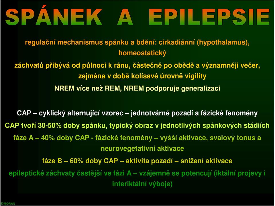 tvoří 30-50% doby spánku, typický obraz v jednotlivých spánkových stádiích fáze A 40% doby CAP - fázické fenomény vyšší aktivace, svalový tonus a