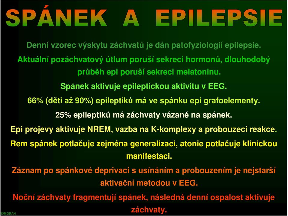 66% (děti až 90%) epileptiků má ve spánku epi grafoelementy. 25% epileptiků má záchvaty vázané na spánek.