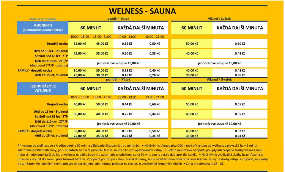 pondělí - Pátek JEDNORÁZOVÉ VSTUPNÉ 60 A 60 A 10:00 13:00 13:00 21:00 10:00 13:00 13:00 21:00 Dospělá osoba 40,00 Kč 50,00 Kč 0,44 Kč 0,60 Kč 55,00 Kč 0,65 Kč 30,00 Kč 40,00 Kč 0,25 Kč 0,44 Kč 45,00