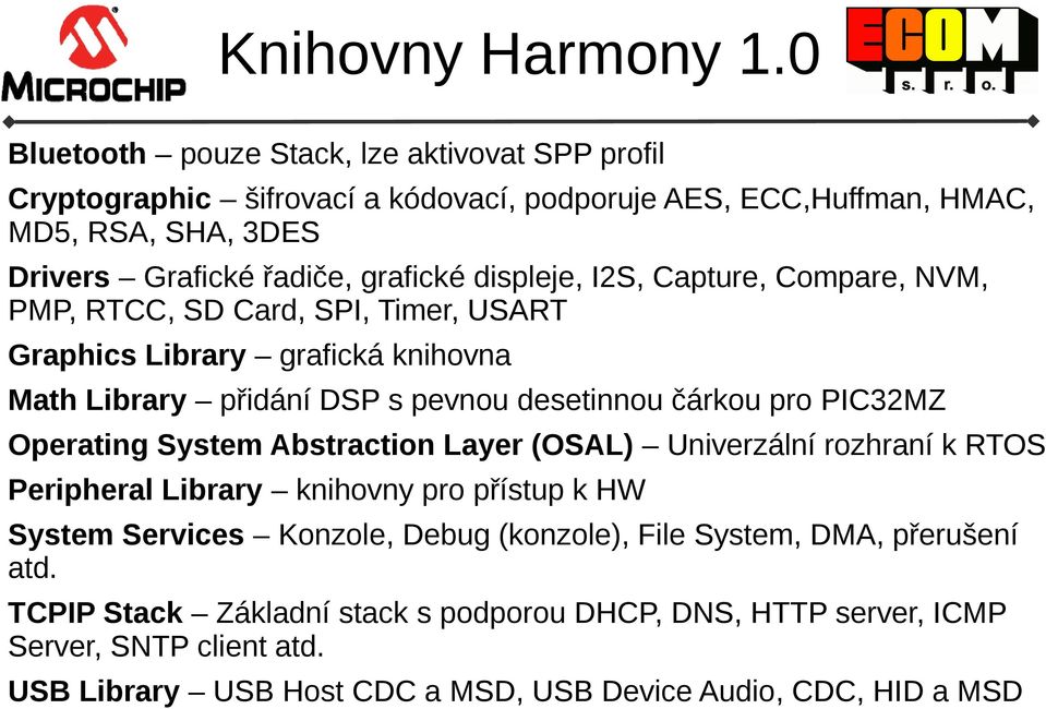 displeje, I2S, Capture, Compare, NVM, PMP, RTCC, SD Card, SPI, Timer, USART Graphics Library grafická knihovna Math Library přidání DSP s pevnou desetinnou čárkou pro PIC32MZ