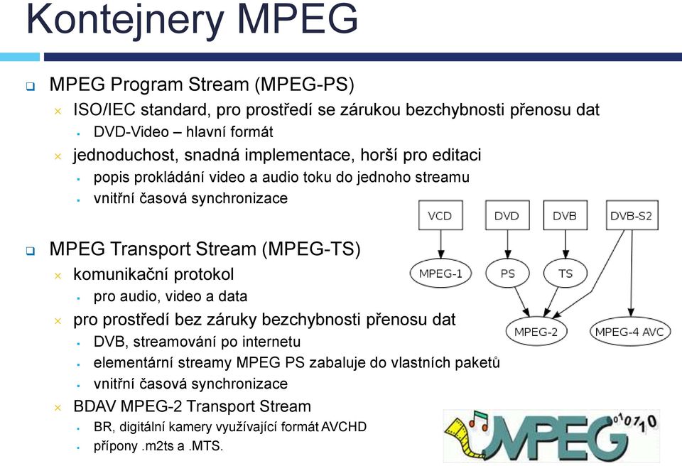 (MPEG-TS) komunikační protokol pro audio, video a data pro prostředí bez záruky bezchybnosti přenosu dat DVB, streamování po internetu elementární