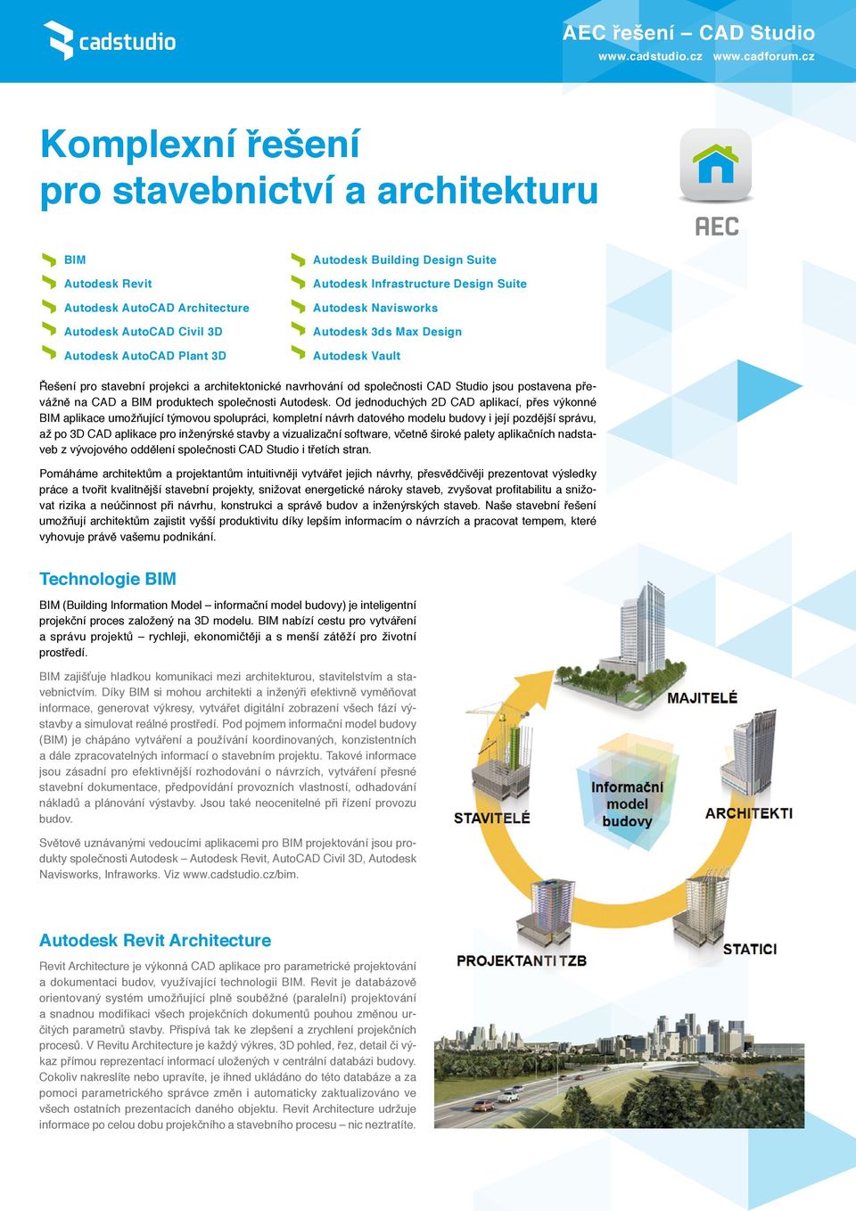 Autodesk Infrastructure Design Suite Autodesk Navisworks Autodesk 3ds Max Design Autodesk Vault Řešení pro stavební projekci a architektonické navrhování od společnosti CAD Studio jsou postavena