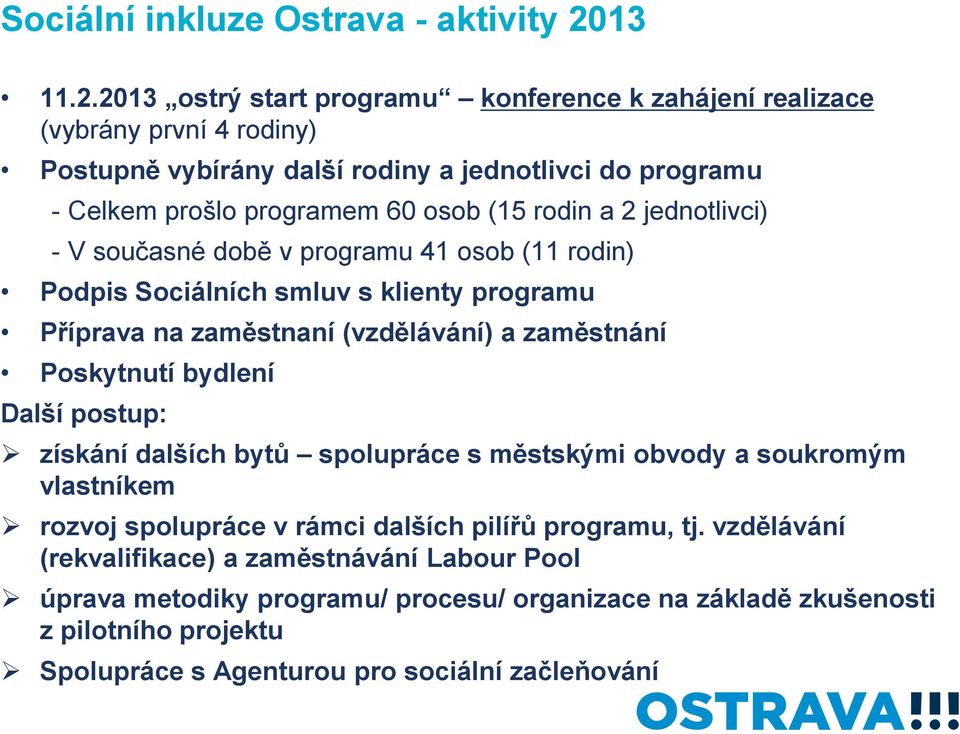 2013 ostrý start programu konference k zahájení realizace (vybrány první 4 rodiny) Postupně vybírány další rodiny a jednotlivci do programu - Celkem prošlo programem 60 osob (15 rodin