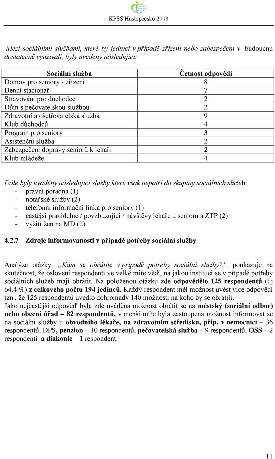 lékaři 2 Klub mládeže 4 Dále byly uváděny následující služby,které však nepatří do skupiny sociálních služeb: - právní poradna (1) - notářské služby (2) - telefonní informační linka pro seniory (1) -