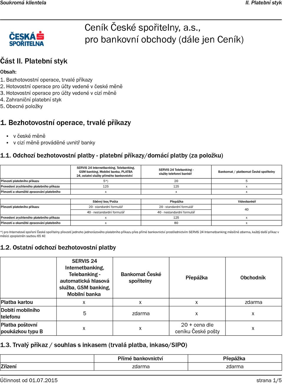 Bezhotovostní operace, trvalé příkazy v české měně v cizí měně prováděné uvnitř banky 1.