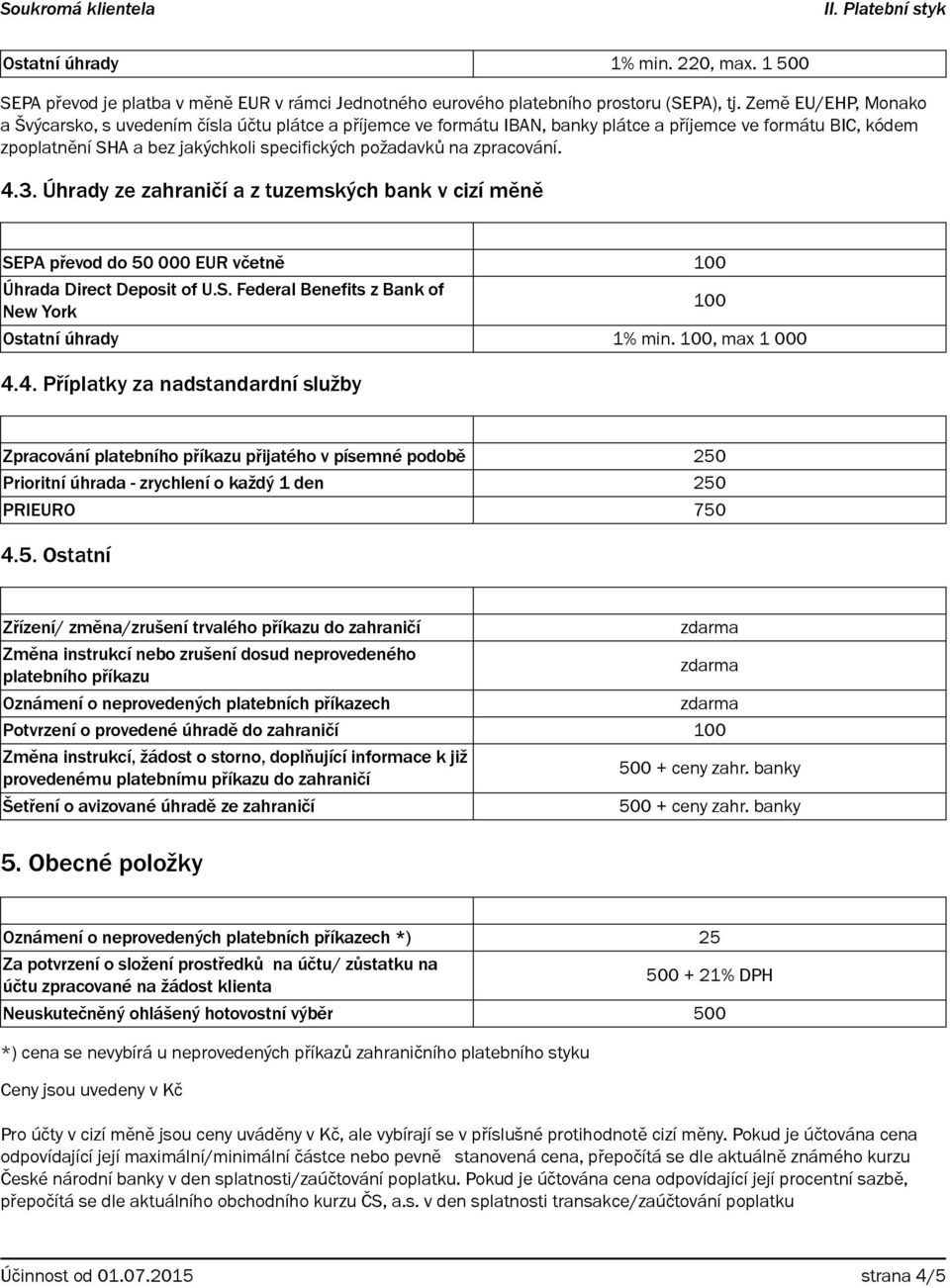 zpracování. 4.3. Úhrady ze zahraničí a z tuzemských bank v cizí měně SEPA převod do 50 000 EUR včetně 100 Úhrada Direct Deposit of U.S. Federal Benefits z Bank of New York 100 Ostatní úhrady 1% min.