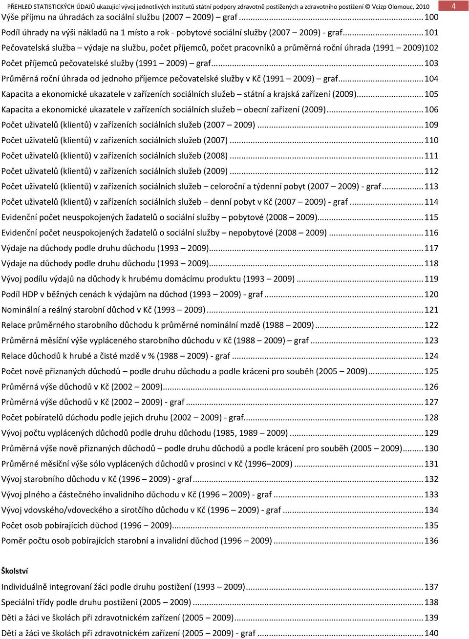 .. 103 Průměrná roční úhrada od jednoho příjemce pečovatelské služby v Kč (1991 2009) graf... 104 Kapacita a ekonomické ukazatele v zařízeních sociálních služeb státní a krajská zařízení (2009).