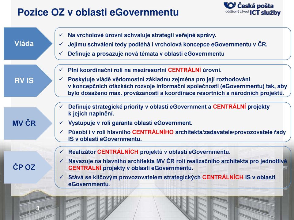 Poskytuje vládě vědomostní základnu zejména pro její rozhodování v koncepčních otázkách rozvoje informační společnosti (egovernmentu) tak, aby bylo dosaženo max.