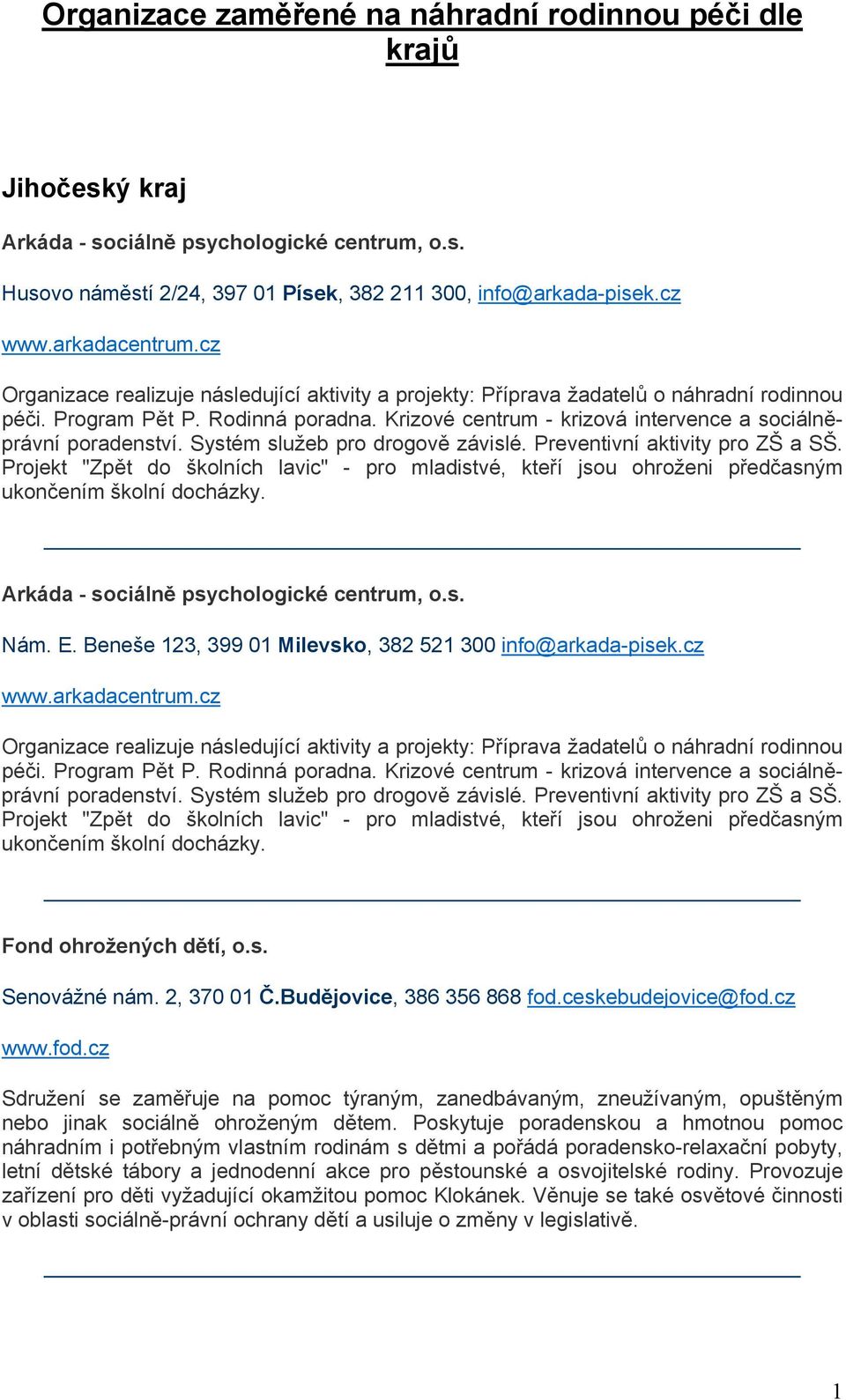 Krizové centrum - krizová intervence a sociálněprávní poradenství. Systém služeb pro drogově závislé. Preventivní aktivity pro ZŠ a SŠ.