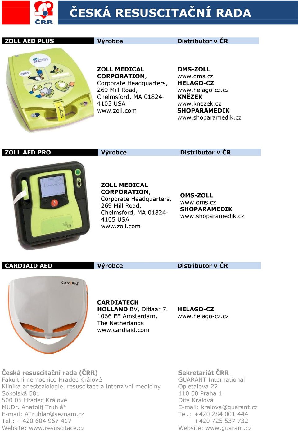 cz ZOLL AED PRO Výrobce Distributor v ČR ZOLL MEDICAL CORPORATION, Corporate Headquarters, 269 Mill Road, cz